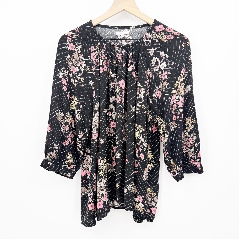 Maurices XXL Floral Chevron Blouse 3/4 Sleeve Boho Cottagecore Peasant Prairie